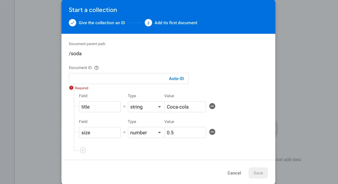 Firestore database creating fields in collection