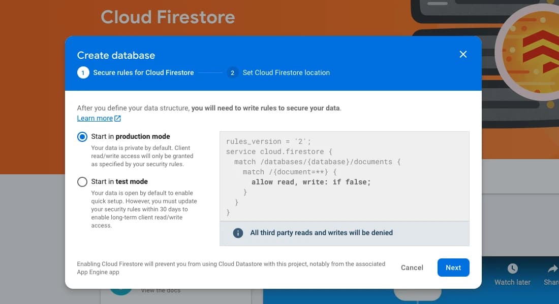 Firestore database creation